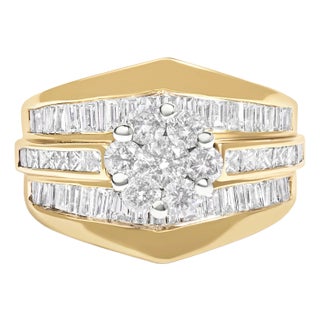 14K Yellow Gold 2-1/3 Cttw Diamond Cluster Channel Set Chevron Shaped Band Engagement Ring & Wedding Band Set (H-I Color, SI1-SI2 Clarity)- Size 7-1/4 For Sale