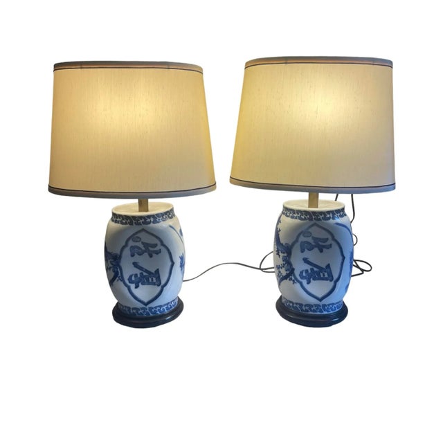 1900 - 1909 Antique Blue and White Lamp Set With Original Shades - A Pair For Sale - Image 5 of 6