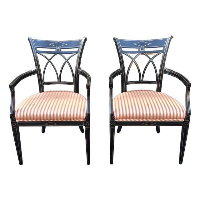 Pair of J. Widdicomb Neoclassical Partial Gilt Ebonized Wood Upholstered Armchairs For Sale