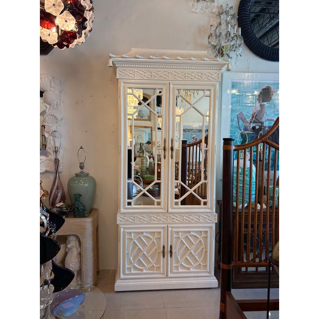 Vintage Fret Fretwork Chippendale Mirrored Bells Pagoda Cabinet Armoire Bar For Sale - Image 4 of 12