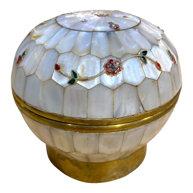 Vintage Mother-of-Pearl & Brass Floral Inlay Trinket Box For Sale