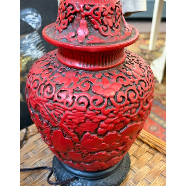 Early 20th Century Antique Asian Red Cinnabar Lamp With Original Paper Pleated Shade For Sale - Image 5 of 12