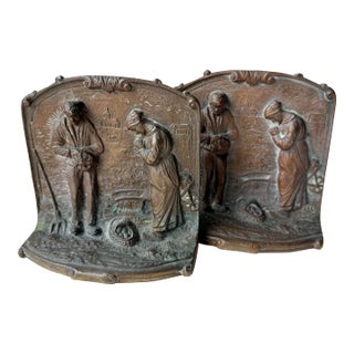 Antique Solid Bronze Embossed Bookends Depicting a Couple in Prayer Styled After the Angelus by Millet For Sale