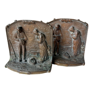 Antique Solid Bronze Embossed Bookends Depicting a Couple in Prayer Styled After the Angelus by Millet