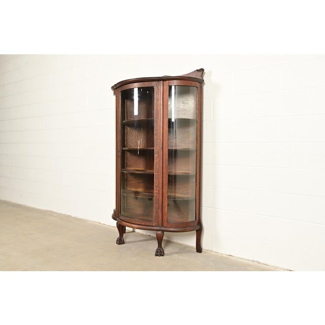 Victorian Antique Victorian Carved Oak Curved Glass Bookcase or Display Cabinet by Larkin Co., Circa 1900 For Sale - Image 3 of 15