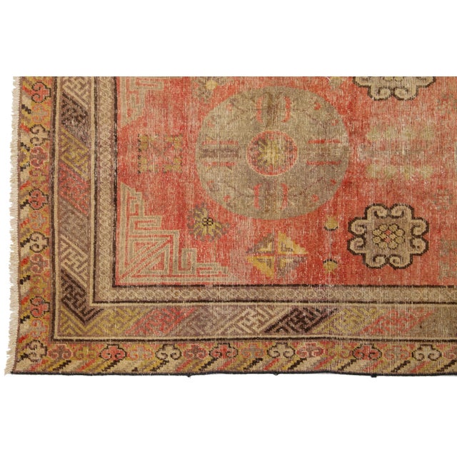 Orange Antique Khotan Wool Rug Handmade With Medallion Pattern For Sale - Image 4 of 7