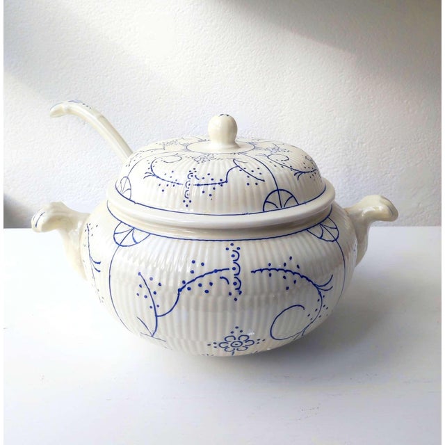 Antique Belgian Copenhagen Soup Tureen with Large Ceramic Ladle from Royal Boch Frères, 1940s, Set of 2 For Sale - Image 3 of 6