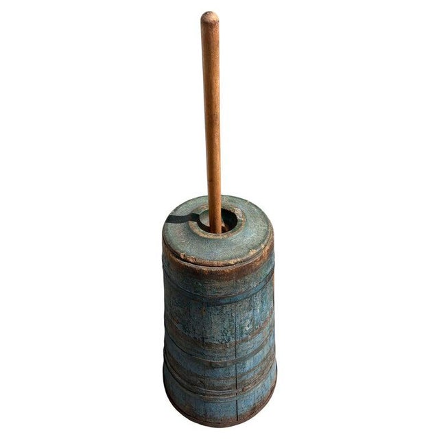 19thc painted blue butter churn from Pennsylvania in old grungy exterior with original wood churner stem/insert All...