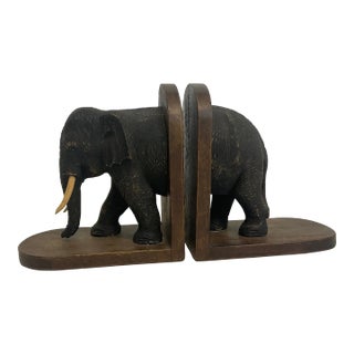 Vintage Safari Boho Chic Wood Elephant Bookends - A Pair For Sale