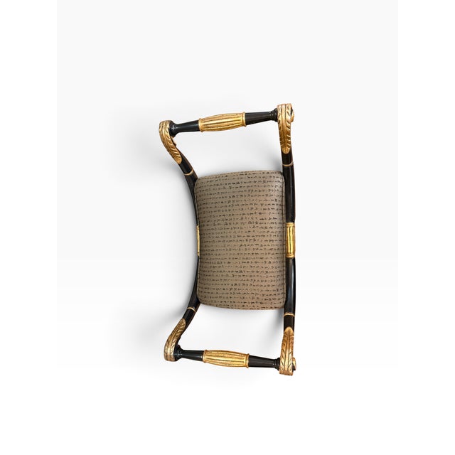 Late 20th Century Vintage Maitland-Smith Neoclassical Black & Gilt Curule Bench With Asian Calligraphy Upholstery For Sale - Image 5 of 14