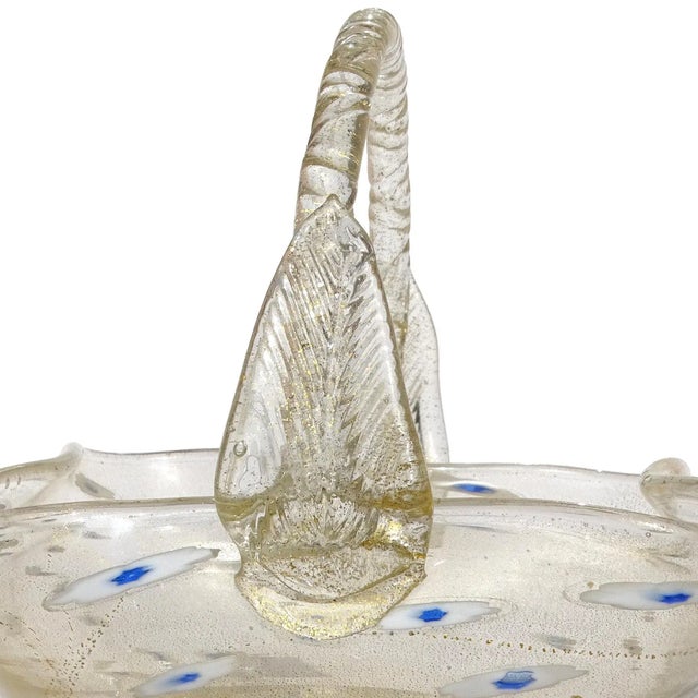 Glass Vintage Murano Gold Flecks White Blue Daisy Pattern Italian Art Glass Rope Handle Basket Bowl For Sale - Image 7 of 8