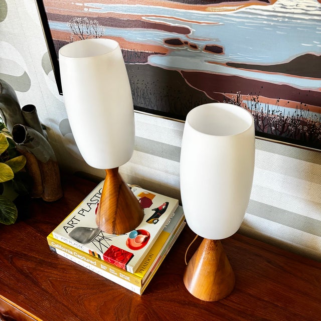 Mid Century Conical Wood and Glass Table Lamps - Set of 2 For Sale - Image 4 of 17