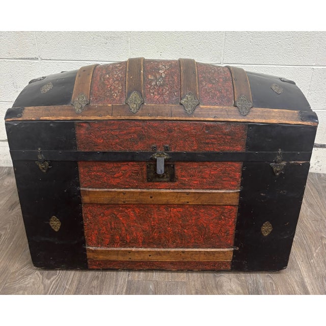 Victorian Antique Victorian Dome Top Embossed Immigrant Trunk Steamer Trunk For Sale - Image 3 of 18