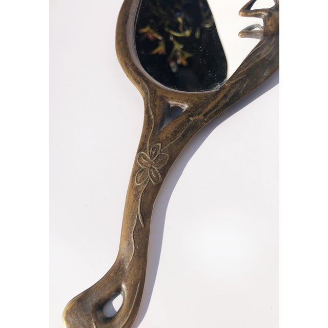 1920s French Art Deco Brass Handheld Mirror With Female Figure and Flower Etchings For Sale - Image 4 of 10