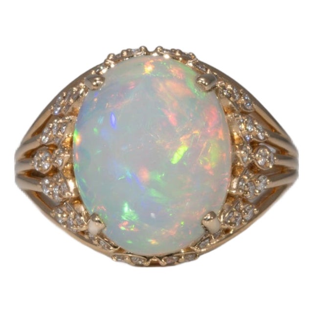 5.6Ct Ethiopian Opal Ring With Natural Diamond Accents: Solid 14k Gold, 13x11mm For Sale