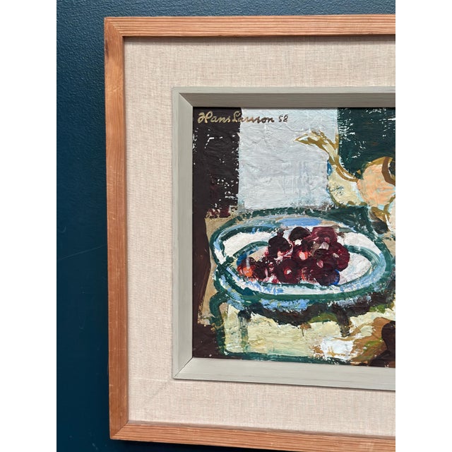 Mid-Century Modern Hans Larsson, Fruits and Teapot, 1952, Oil Painting on Panel, Framed For Sale - Image 3 of 13