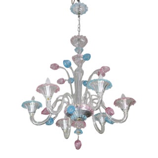 "Amsterdam" Large Size Vintage Pink and Blue Tulip Murano Glas Chandelier, 1970s For Sale