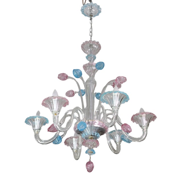 "Amsterdam" Large Size Vintage Pink and Blue Tulip Murano Glas Chandelier, 1970s For Sale