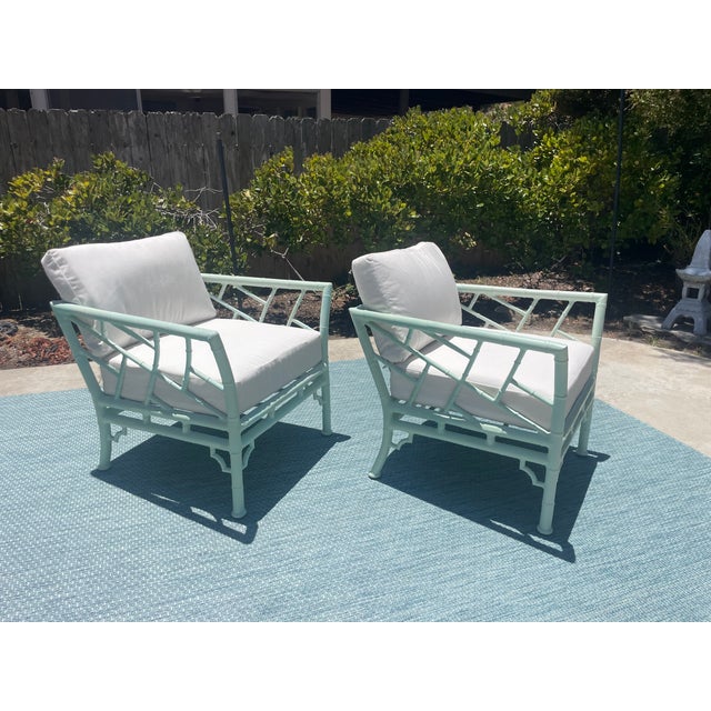 Mid 20th Century Vintage Faux Bamboo Patio Set by Meadowcraft, Chippendale Details and Sunbrella Cushions For Sale - Image 5 of 18