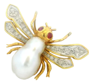 Italian 18k Gold Bee Brooch With Pearl, Diamonds & Rubies, 1970s