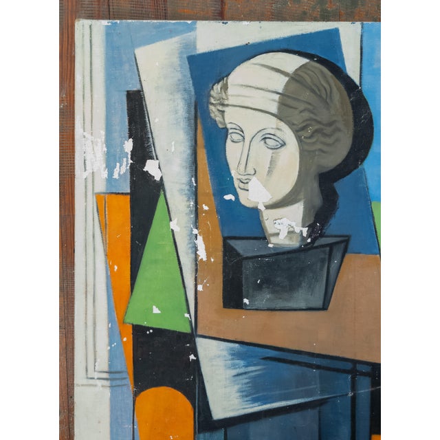 We are selling this unique and interesting Mid-Century abstract painting with a neoclassical style head on an an abstract...