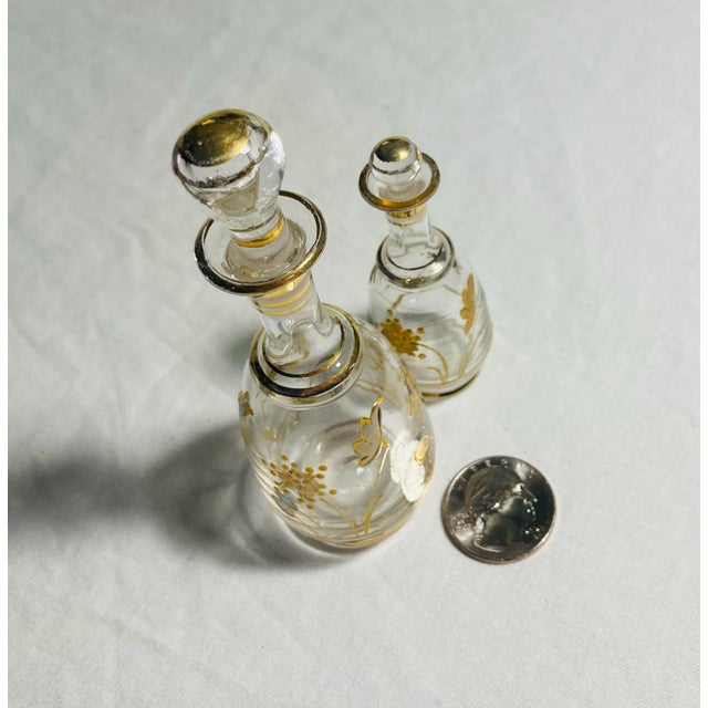 Transparent Antique Blown Glass Perfume Bottles With Enamel Painting One Large One Small With Stoppers For Sale - Image 8 of 8
