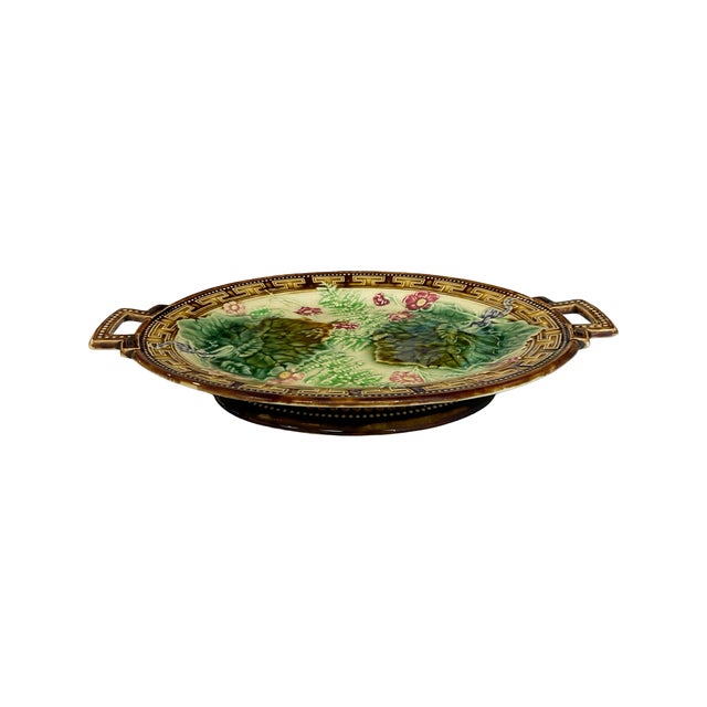 Victorian Oval Brown Handled Pedestal Majolica Dish with Greek Key Edge. Cream Center with Green Leaves and Fern Fronds,...