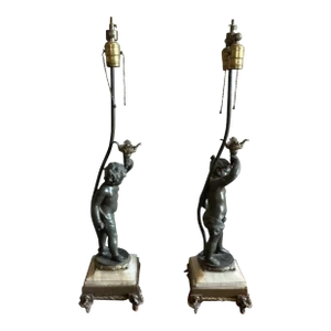 Pair of French Late 19th Century Bronze & Marble Double Socket Table Lamps