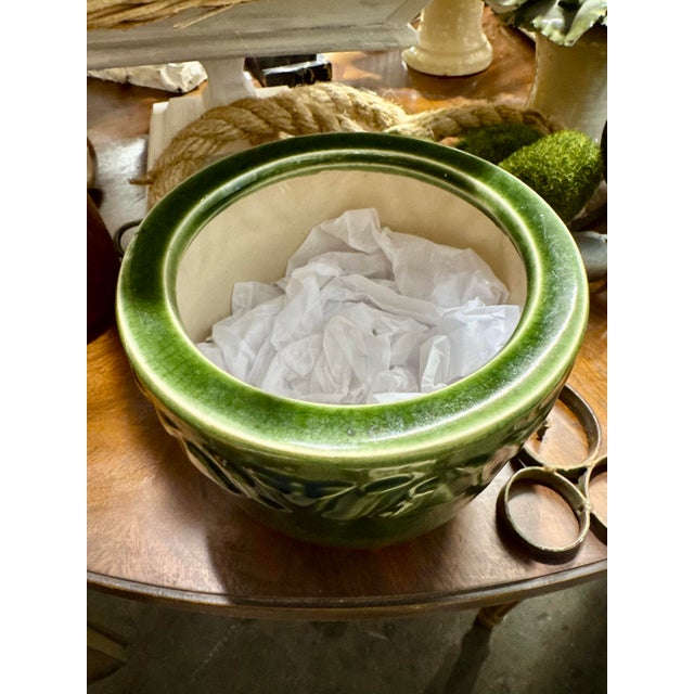 Vintage Midcentury cracked style glazed pottery dark green jardiniere, planter.