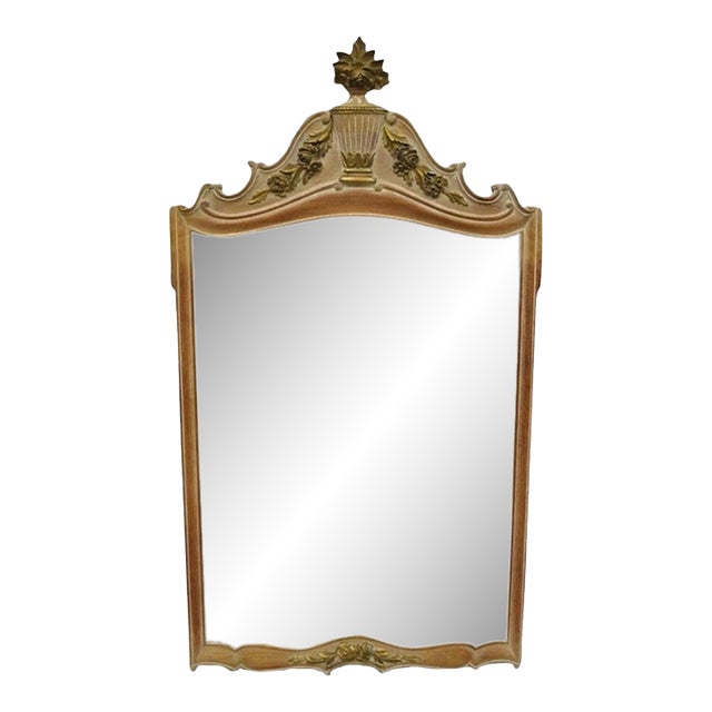 Vintage French Country Provincial Louis XV Style Carved Wood Urn Wall Mirror For Sale