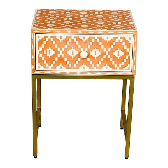 Bone Inlay Orange Ikat Bedside For Sale