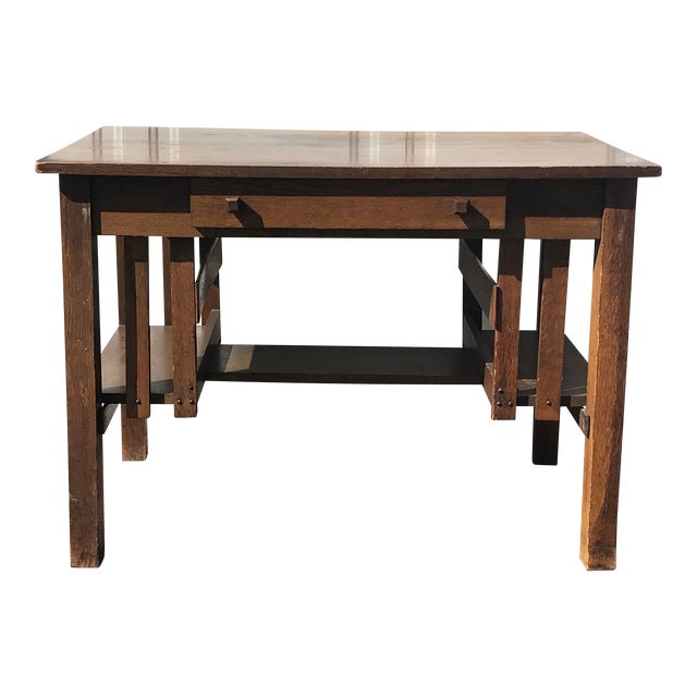 Early 20th Century Arts & Craft Mission Solid Oak Library Desk 1920s For Sale