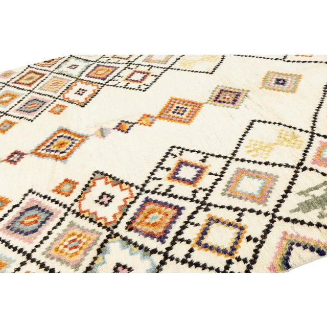Modern Moroccan Style Hand-Knotted Wool Rug With Colorful Geometric Diamond For Sale In New York - Image 6 of 12