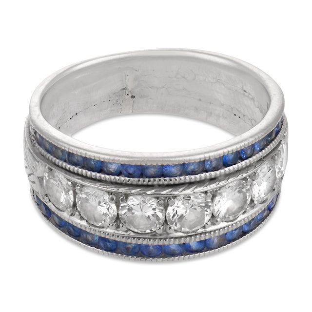 Contemporary Vintage Diamond Sapphire 18k White Gold Band, Size 6.25 For Sale - Image 3 of 7