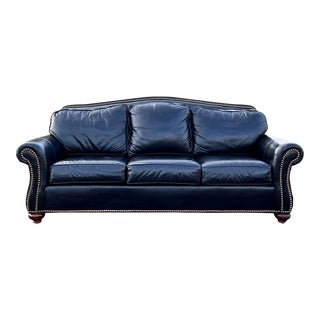 Ethan Allen Studded Black Leather Whitney Sofa For Sale