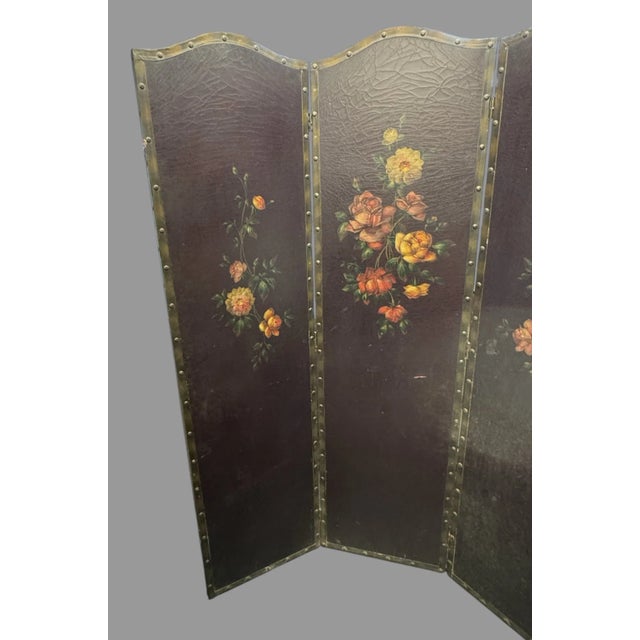 Antique Hand Painted Floral Decorated Folding Leather Dressing Screen In good original condition showing some typical age...