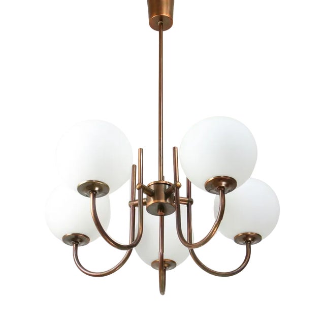 Vintage Italian Brass and Opaline Chandelier in Copper Color, 1970s For Sale