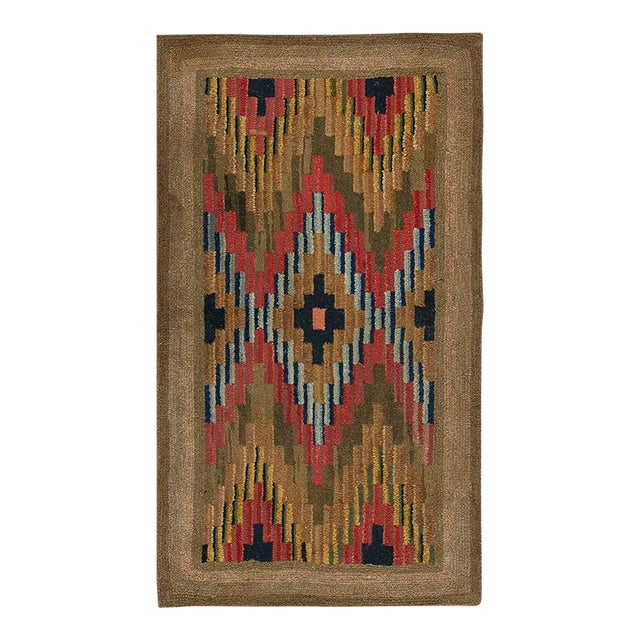 Marvelous Brown Color With Eminent Symmetrical Design Antique American Hooked Rug For Sale