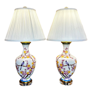 Pair of Cloisonné Birds Lamps on Lucite Paired With White Silk Pencil Pleated Shades.