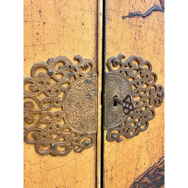 Mid-Century Chinoiserie Scenic Two-Door Cabinet With Ornate Brass Hardware For Sale In Los Angeles - Image 6 of 18