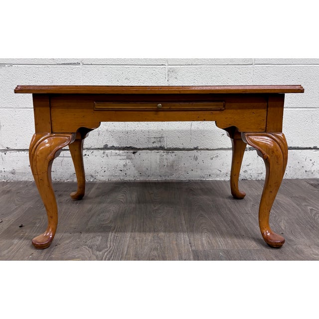 Queen Anne Vintage Queen Anne Style Parquet Style Top Carved Coffee Table W/ Pull Out Tray For Sale - Image 3 of 12