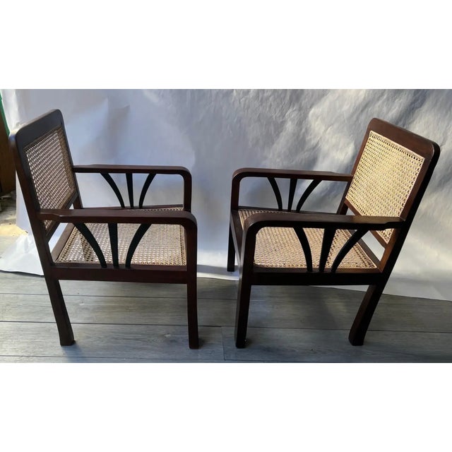 1930s Pair of Deco Period British Colonial Hand Caned Teak Club Chairs For Sale - Image 4 of 7
