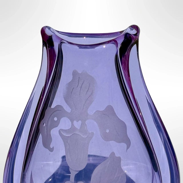 Vintage Czech Neodymium Glass Vase, Etched Floral Iris Design, Color-Changing Alexandrite Glass, Signed For Sale - Image 4 of 8