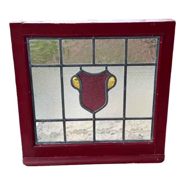 Early 20th C. Stained Glass Window - Shield / Crest in Wine Red and Old Gold For Sale