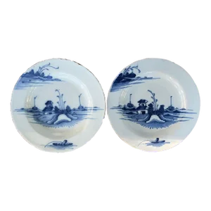Antique 18th Century London Delft Tin Glaze Faience Blue and White Pottery Plates in the Chinese Taste - a Pair