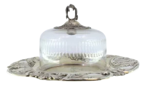 Cheese Dish in Cut Silver and Cut Glass with Raised Fleur-de-Lis and Application Lid, Set of 2
