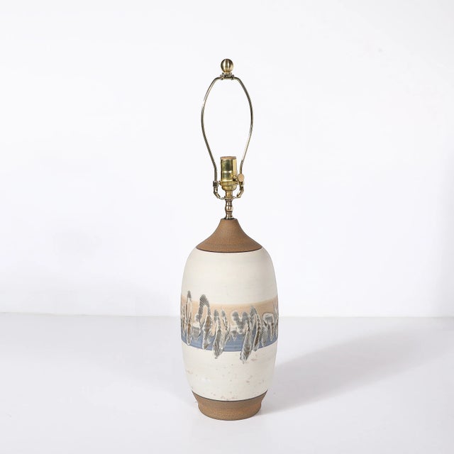 Pair of Mid-Century Modernist Off White Ceramic Table Lamps W/ Banded Detailing For Sale - Image 9 of 12