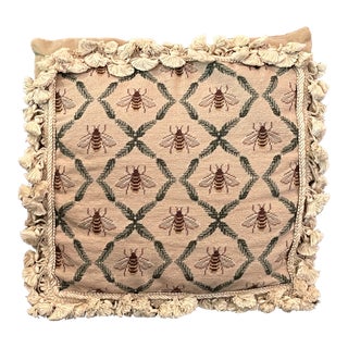 1990's Square Tapestry Needlepoint Beige, Yellow, Green Bumblebee Bee Throw Pillow For Sale