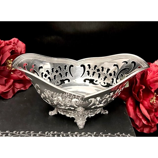 Victorian Vintage Tiffany Sterling Silver Bowl / Sterling Nut Dish Pierced Monogramed Bowl For Sale - Image 3 of 11