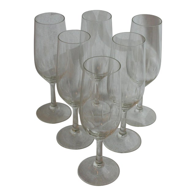 Mid Century Modern Century Champagne Flutes Clear Crystal With Incised Vertical Lines Set of 6 For Sale